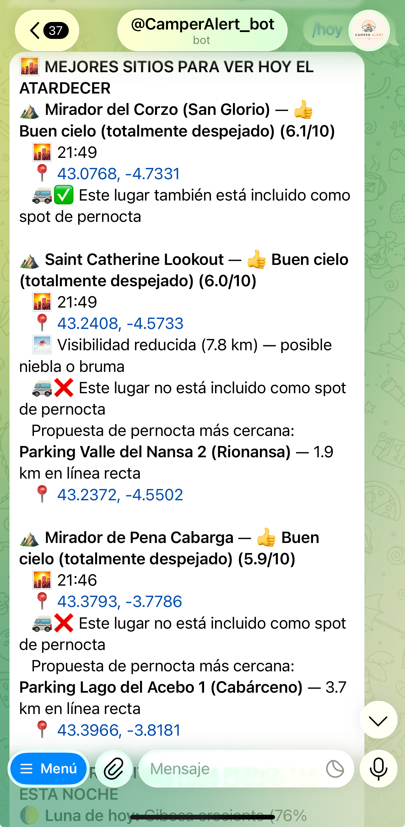 Ejemplo de recomendaciones diarias de atardeceres de Camper Alert
