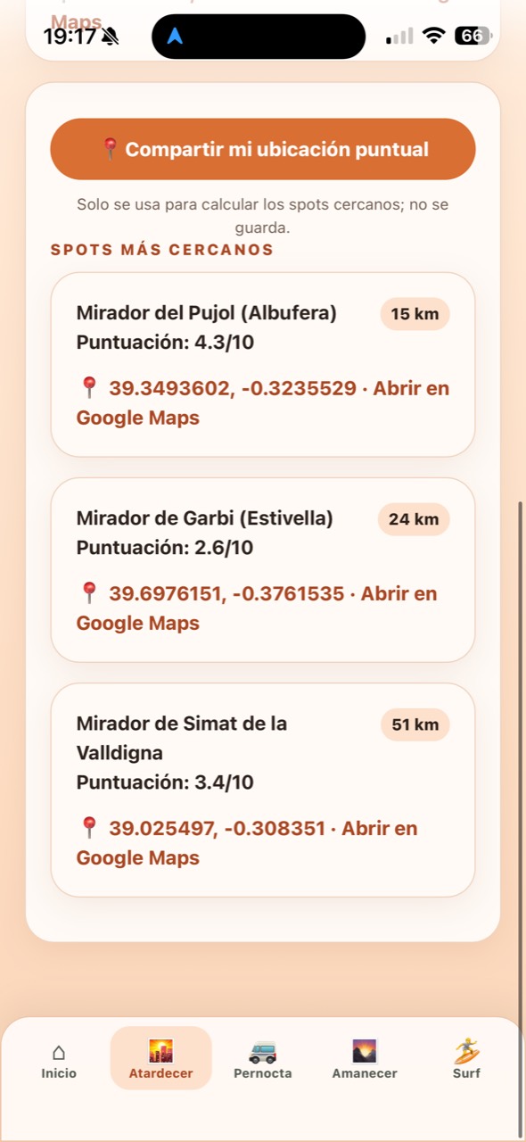 Ejemplo de miradores cercanos a partir de la ubicación del usuario