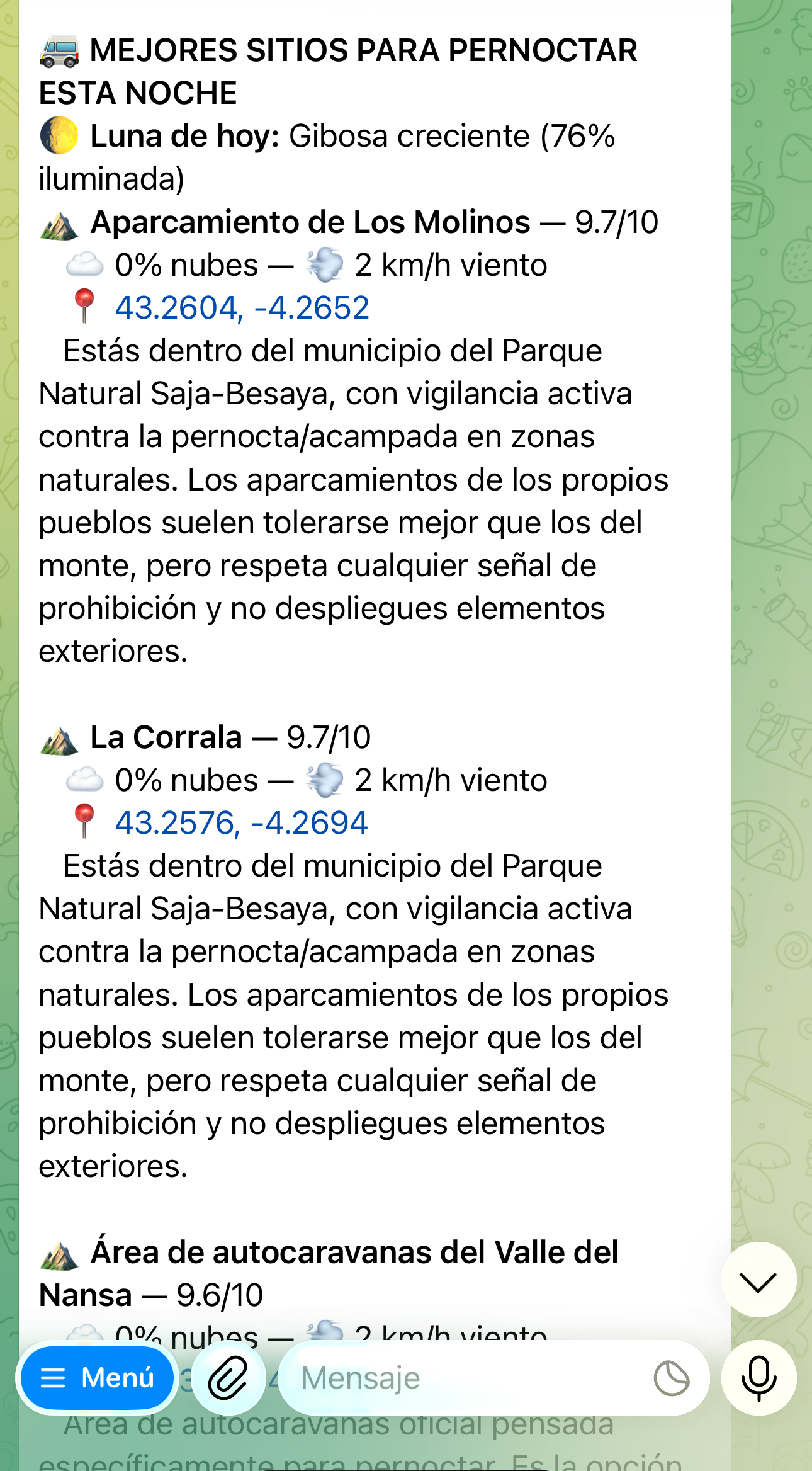 Ejemplo de recomendaciones de lugares para pernoctar de Camper Alert