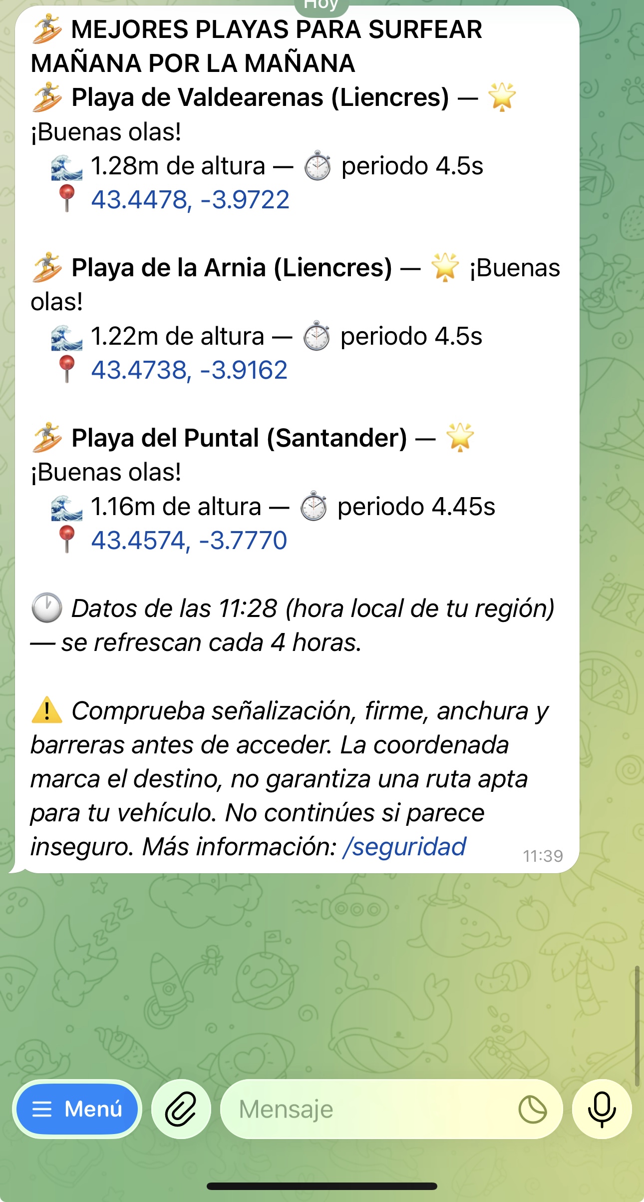 Ejemplo de recomendaciones de playas con las mejores condiciones para surfear